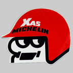 Autocollant vintage Michelin XAS représentant un casque de pilote rouge, dimensions 13,5 × 10,5 cm.