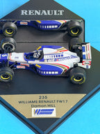 Vue de face de la miniature Formule 1 Williams Renault FW17 numéro 5 de Damon Hill, saison 1995, dans son emballage Onyx référence 235.