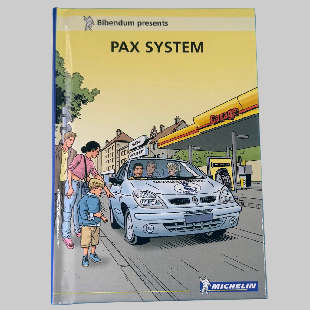 Bande dessinée publicitaire Michelin Bibendum PAX System, couverture illustrée avec véhicule Renault et garage, ouvrage de collection.