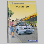 Bande dessinée publicitaire Michelin Bibendum PAX System, couverture illustrée avec véhicule Renault et garage, ouvrage de collection.