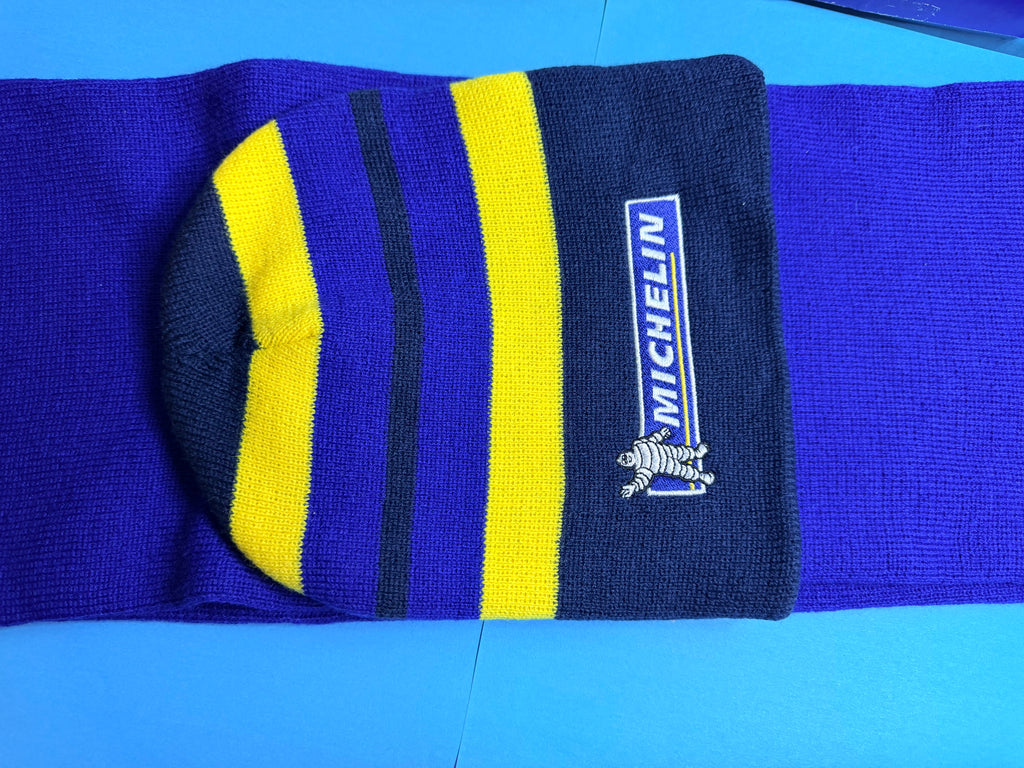 Gants Michelin bleu marine avec écharpe et bonnet assortis, ensemble neuf Collector