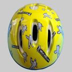 Casque de vélo Michelin jaune taille L, décoré de nombreux Bibendum et logos Michelin, vue de face.