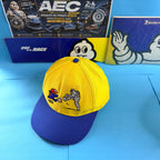Casquette Michelin France 98 neuve, jaune avec visière bleue, broderies Footix et Bibendum jouant au football sur la face avant.