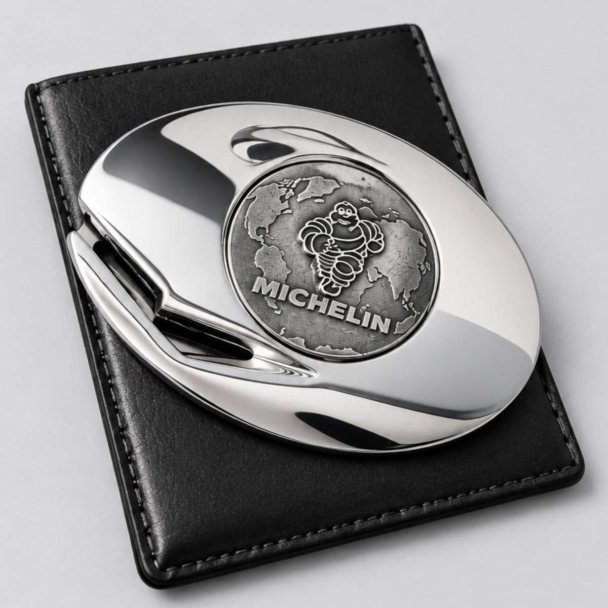 Décapsuleur Michelin Bibendum chromé présenté avec sa pochette noire