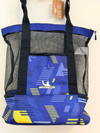 Dos du sac de sport Michelin avec poche zippée, filet noir et motifs bleus et jaunes.