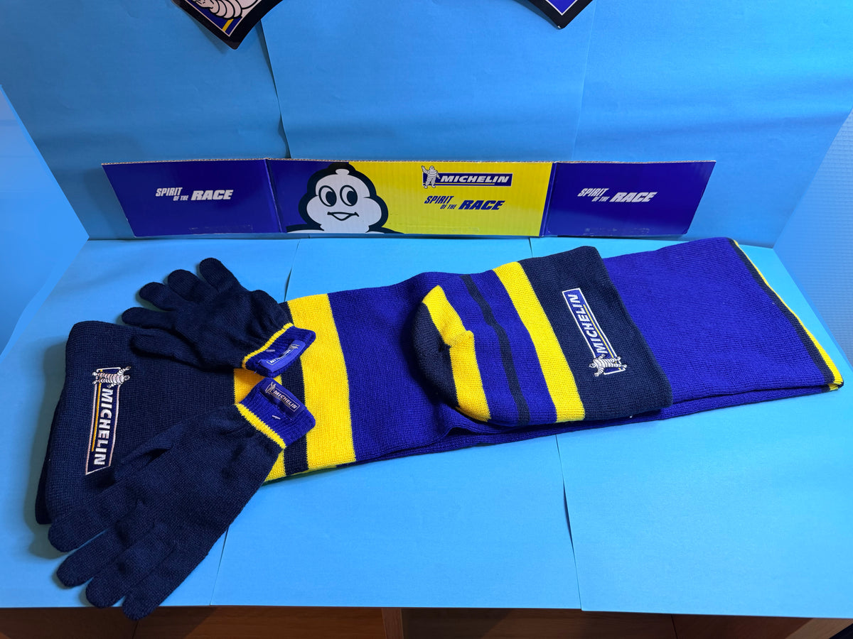Bonnet et écharpe Michelin bleu et jaune avec logo Michelin, ensemble Collector neuf