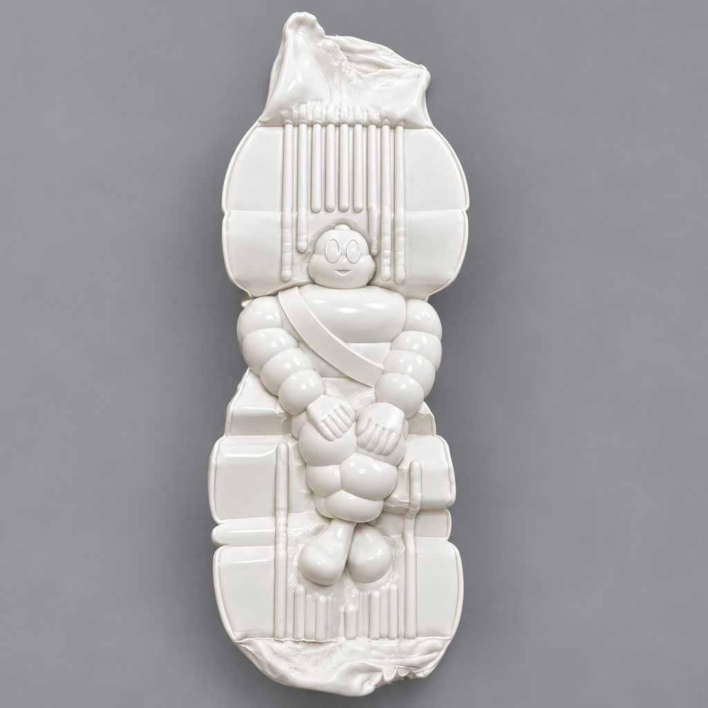 Impressionnante composition blanche en relief de 41 cm de hauteur, représentant Bibendum au centre d’une structure élaborée. Une pièce spectaculaire par ses dimensions et ses détails.