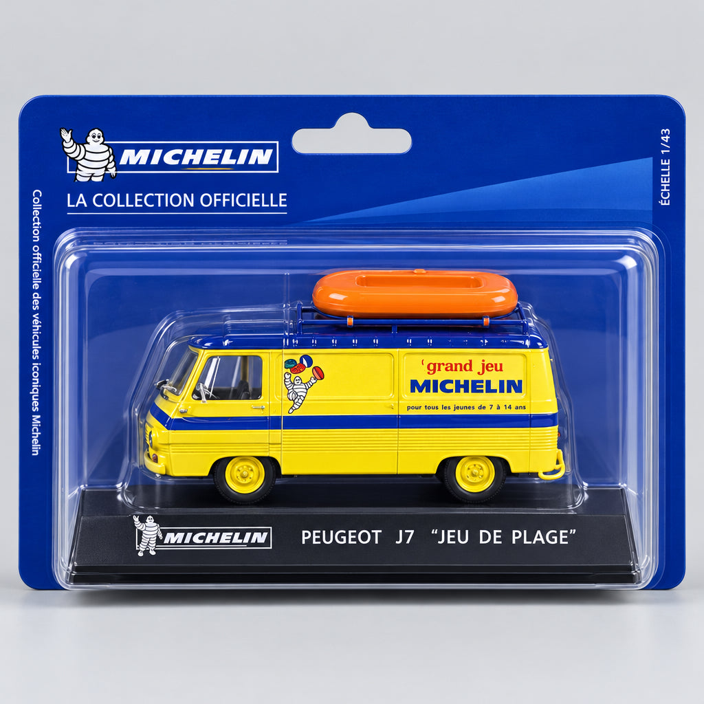 Miniature Peugeot J7 Jeu de plage Michelin au 1/43, jaune et bleu, avec canot orange sur le toit, neuve sous blister de collection.