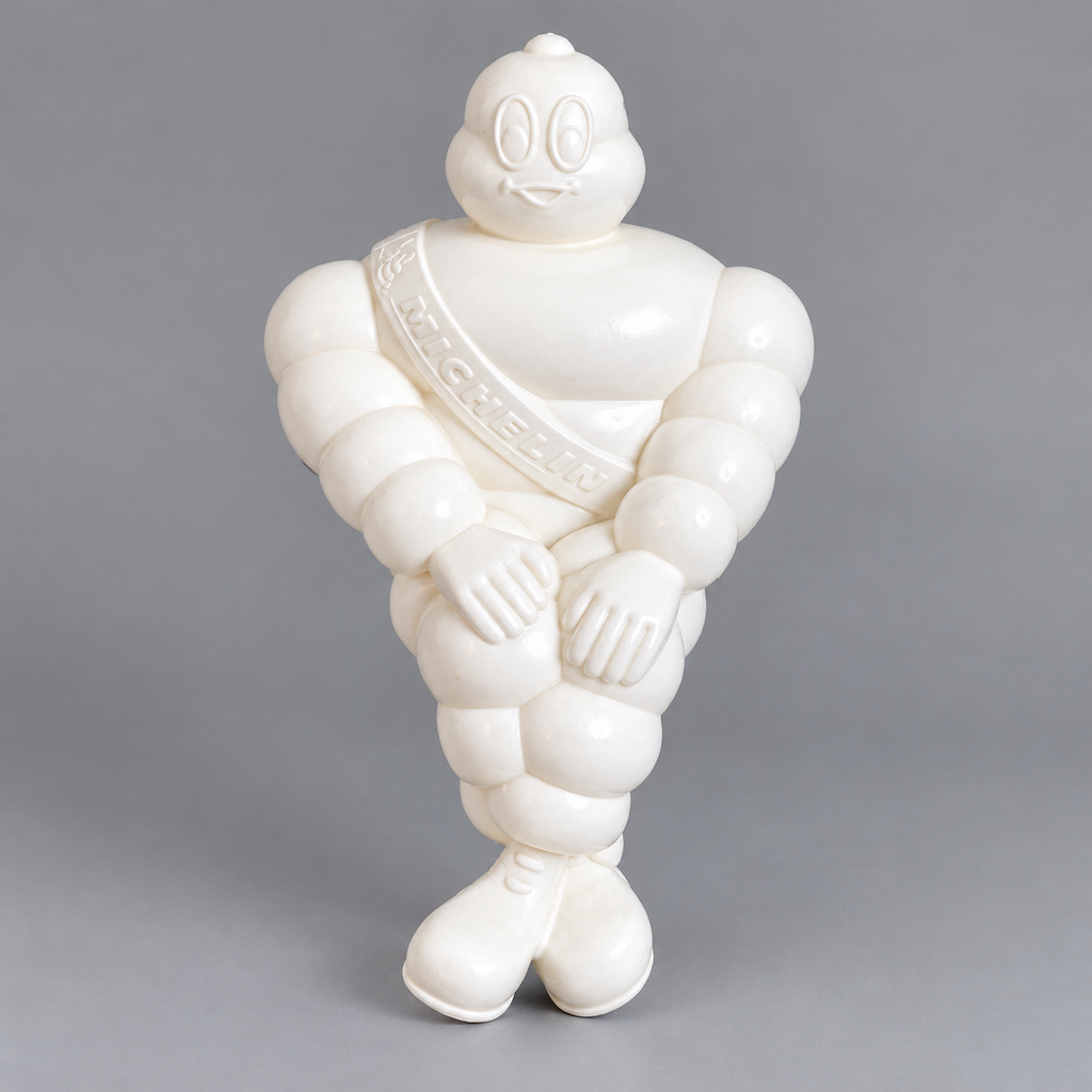 Figurine blanche avec inscription MICHELIN en relief sur la bandoulière. Une représentation emblématique du célèbre personnage publicitaire français.