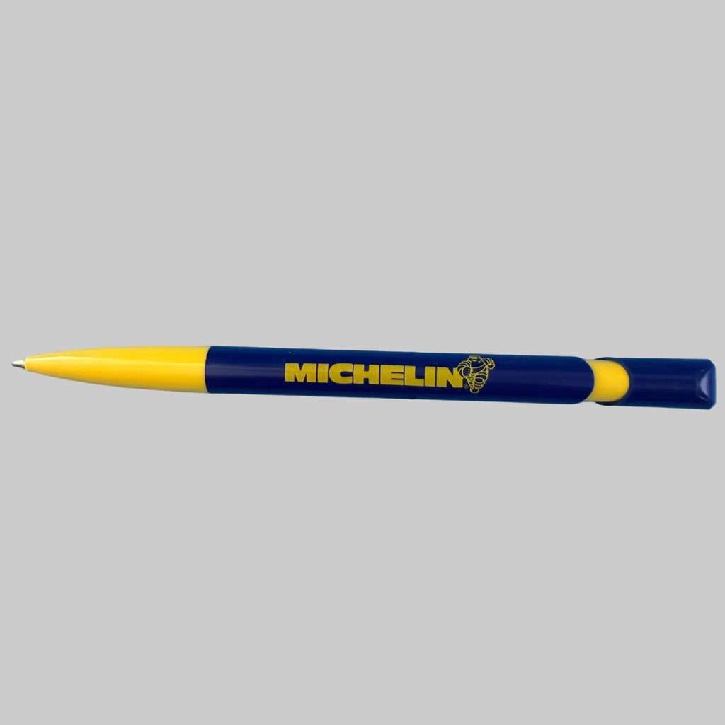 Stylo Michelin bleu et jaune neuf avec logo Michelin et Bibendum – vue complète