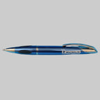 Stylo Michelin Bibendum bleu métallisé haut de gamme avec finitions chromées et logo Michelin.