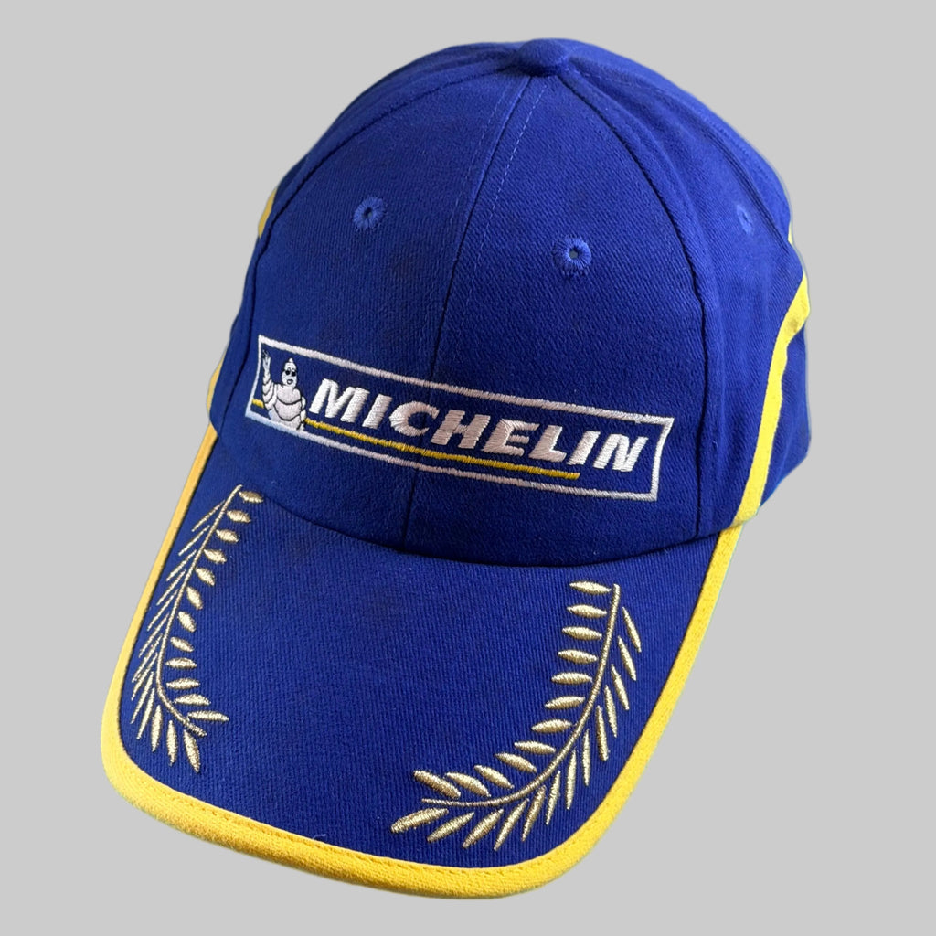 Casquette Michelin Podium neuve bleu et jaune avec logo Bibendum Michelin et lauriers brodés sur la visière